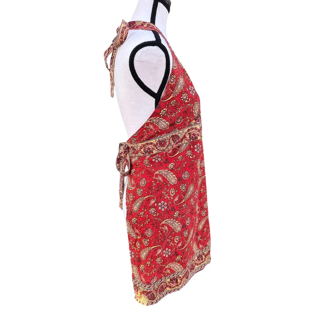 Red Paisley Cotton Halter Neck Apron Floral Boho Kitchen Wrap Made in India